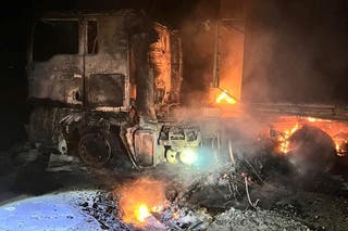 A truck burns at the site of a Russian missile and drone strike, amid Russia's attack on Ukraine, in Odesa region